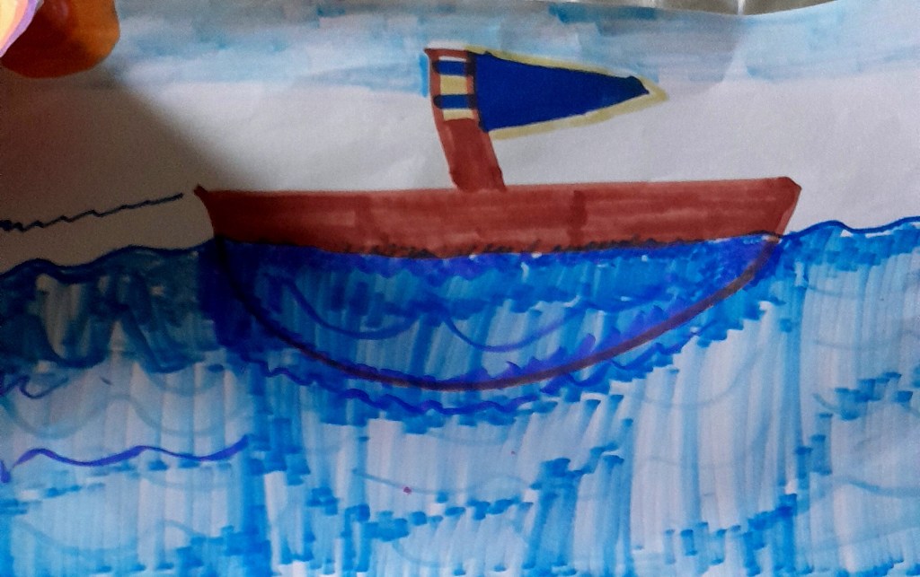 A colorful drawing of a brown boat with a blue sail on blue waves, set against a light background.