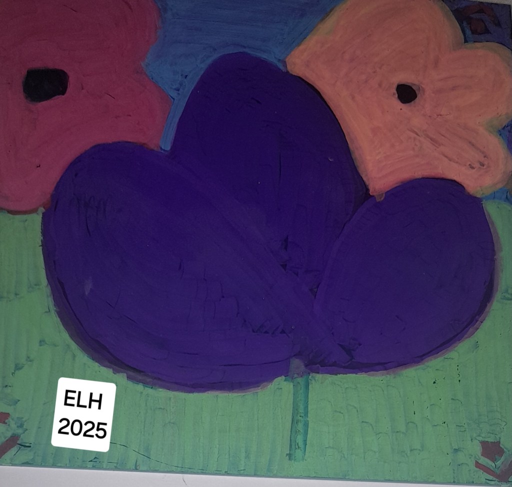 An abstract painting featuring a large purple shape with orange and red flower-like forms on a green background. The text 'ELH 2025' is visible in the lower corner.