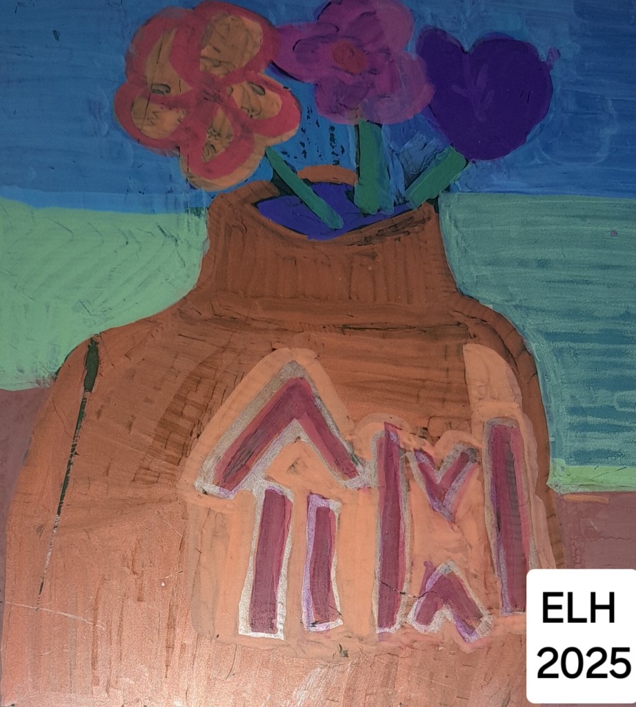 A colorful painting of a vase with various flowers, featuring a large orange-brown pot and a blue and green background. The vase is decorated with abstract shapes and colors.