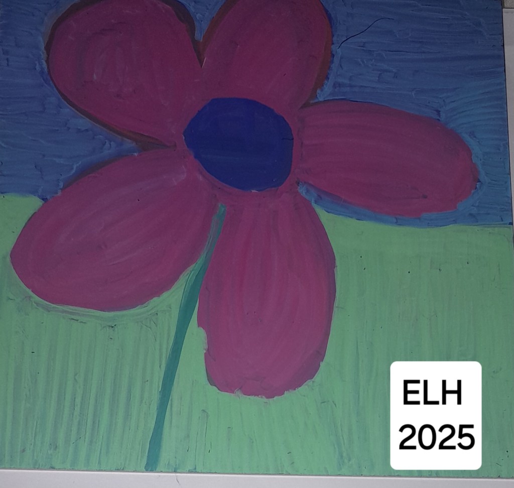 A colorful hand-painted flower with five pink petals, a blue center, and a green background. The bottom right corner features the text 'ELH 2025'.