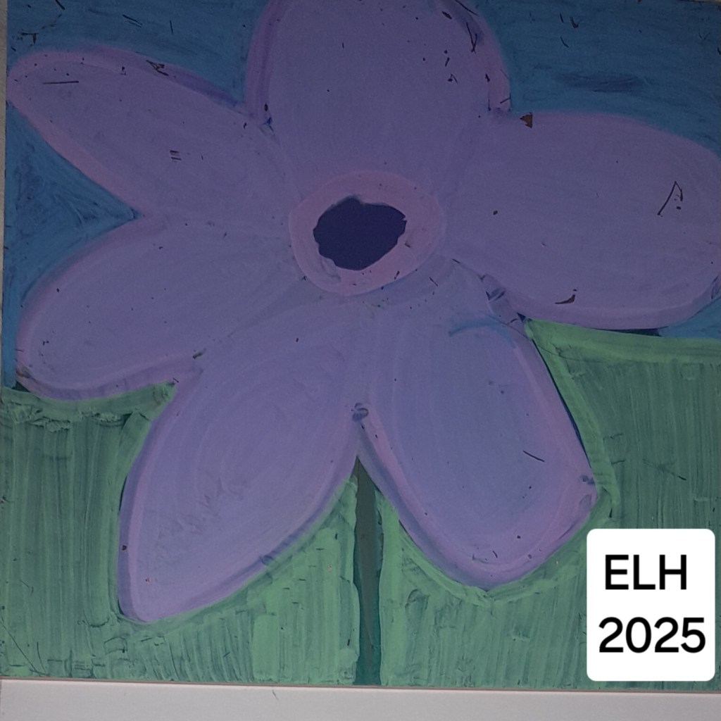 A large, purple flower with five petals against a blue background, featuring a green stem and leaves. The bottom right corner has a white label with the text 'ELH 2025'.