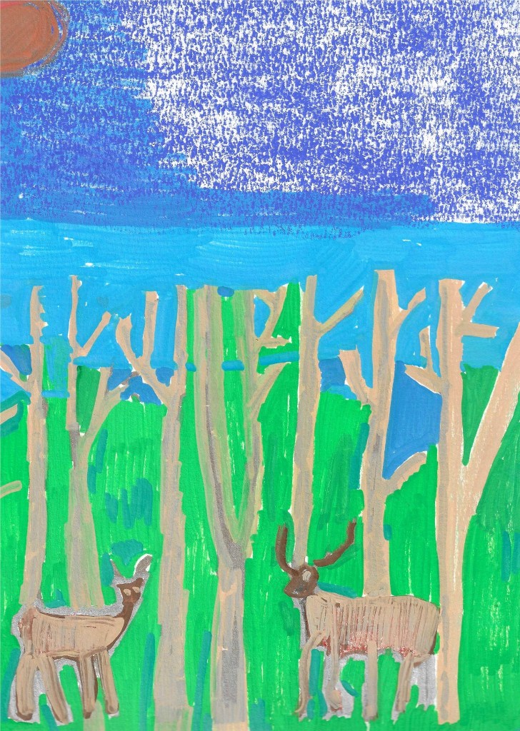 A colorful drawing depicting two deer standing among green trees under a blue sky with a sun.
