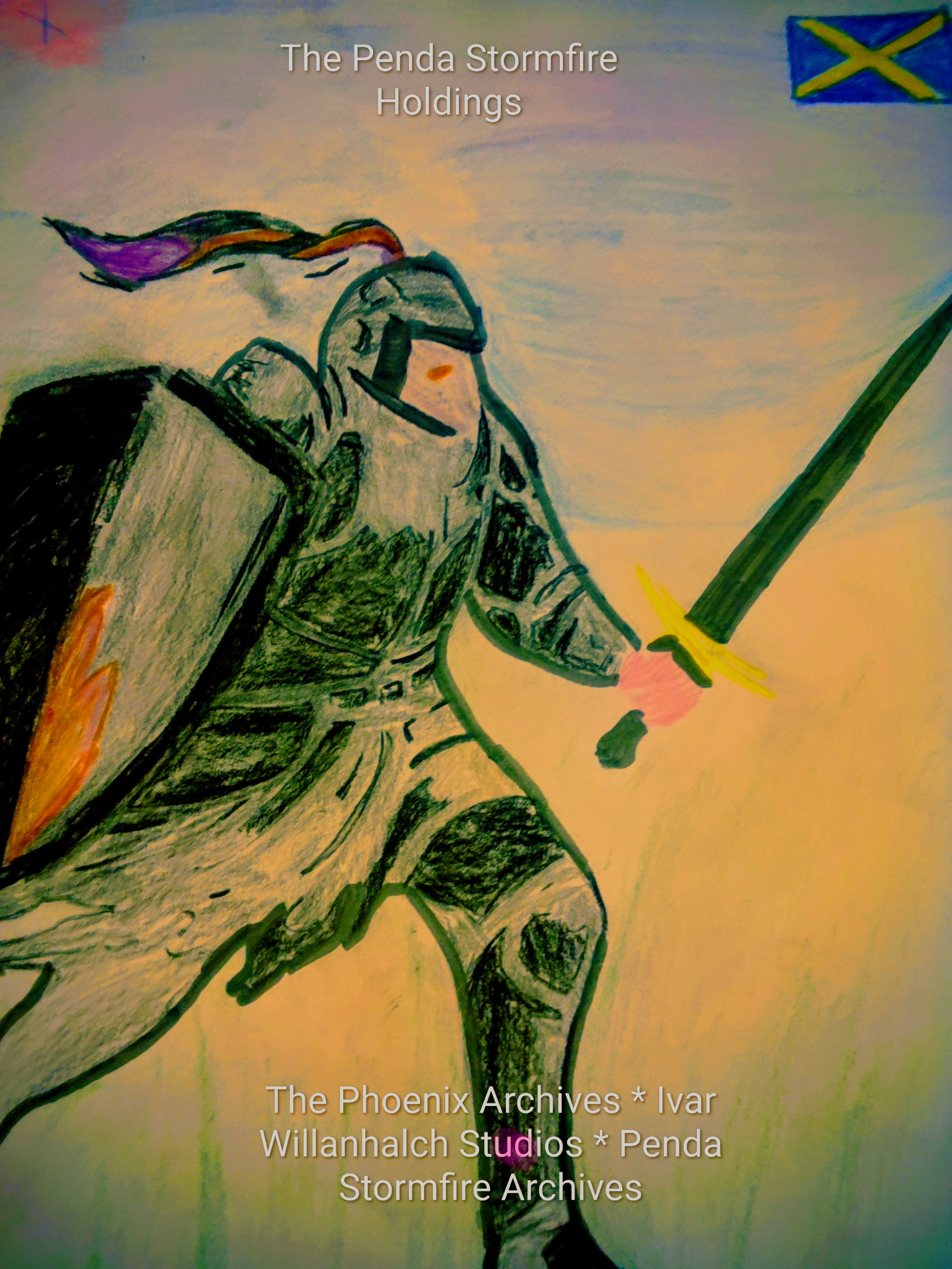 A colorful drawing of a knight in armor holding a sword, with a flowing cape in the wind and a flag in the background.